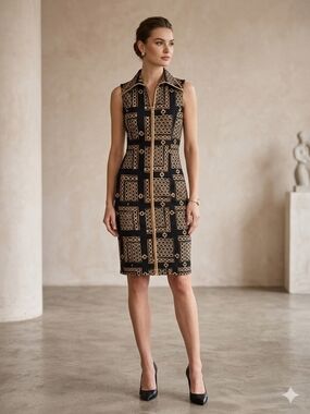 Axara Paris Sleeveless Zip Front Bodycon Dress Chain Link Print Black & Beige